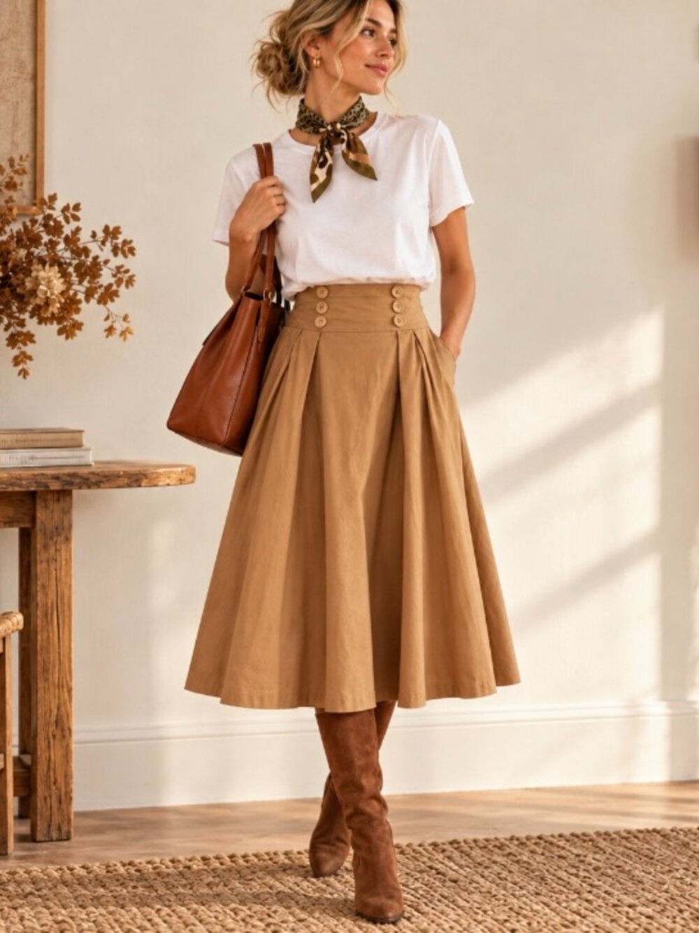 Bella Pogue women's Midi skirt Camel size S pockets classic timeless office